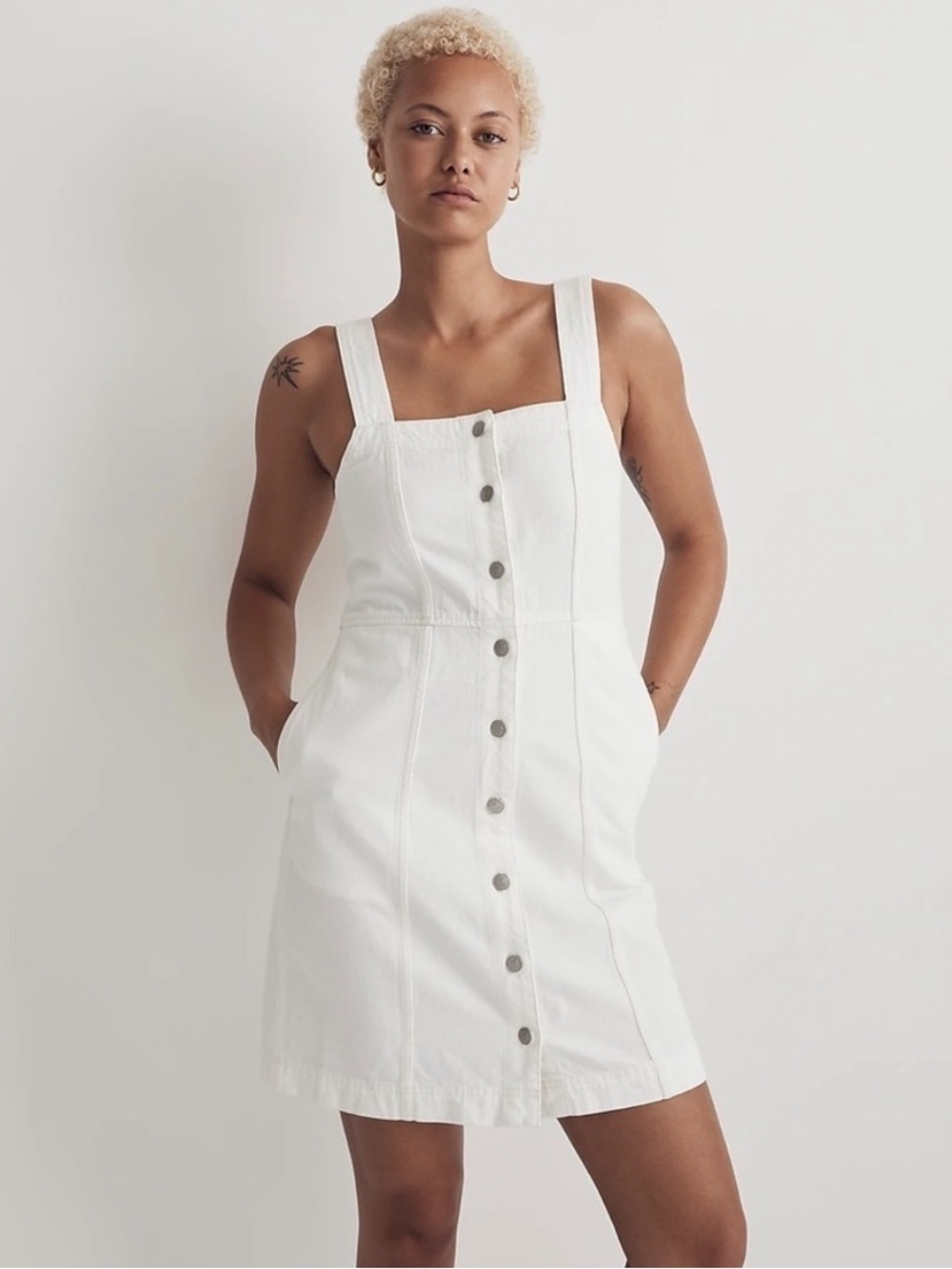 NWT Madewell Tile White Denim Square-Neck Sleeveless Mini Dress NL444